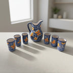 Blue Monarch Talavera Pitcher Set | Mexican Ceramic Drinkware Handmade Pitcher La Vie Bien Blue Monarch Talavera Pitcher Set | Mexican Ceramic Drinkware