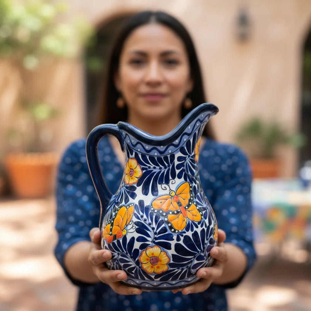 Blue Monarch Talavera Pitcher Set | Mexican Ceramic Drinkware Handmade Pitcher La Vie Bien Blue Monarch Talavera Pitcher Set | Mexican Ceramic Drinkware