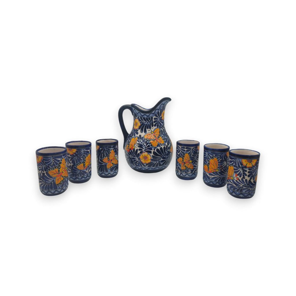 Blue Monarch Talavera Pitcher Set | Mexican Ceramic Drinkware Handmade Pitcher La Vie Bien Blue Monarch Talavera Pitcher Set | Mexican Ceramic Drinkware