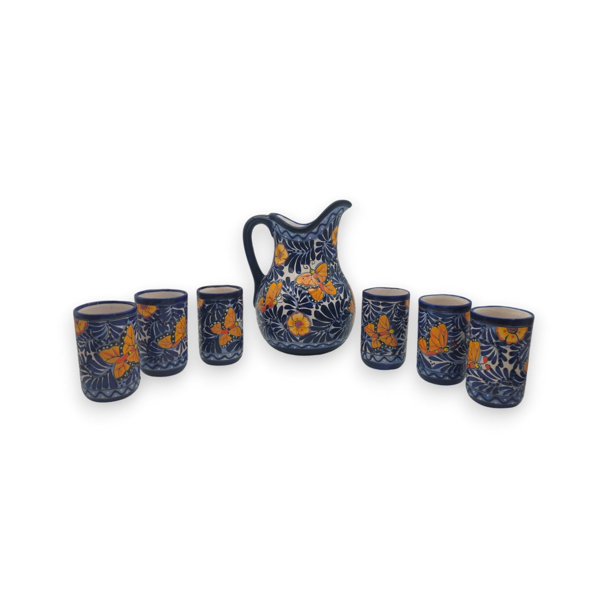 Blue Monarch Talavera Pitcher Set | Mexican Ceramic Drinkware Handmade Pitcher La Vie Bien Blue Monarch Talavera Pitcher Set | Mexican Ceramic Drinkware