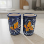 Blue Monarch Talavera Pitcher Set | Mexican Ceramic Drinkware Handmade Pitcher La Vie Bien Blue Monarch Talavera Pitcher Set | Mexican Ceramic Drinkware