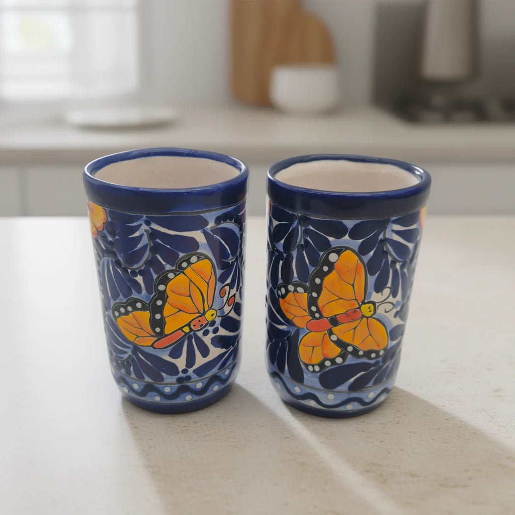 Blue Monarch Talavera Pitcher Set | Mexican Ceramic Drinkware Handmade Pitcher La Vie Bien Blue Monarch Talavera Pitcher Set | Mexican Ceramic Drinkware