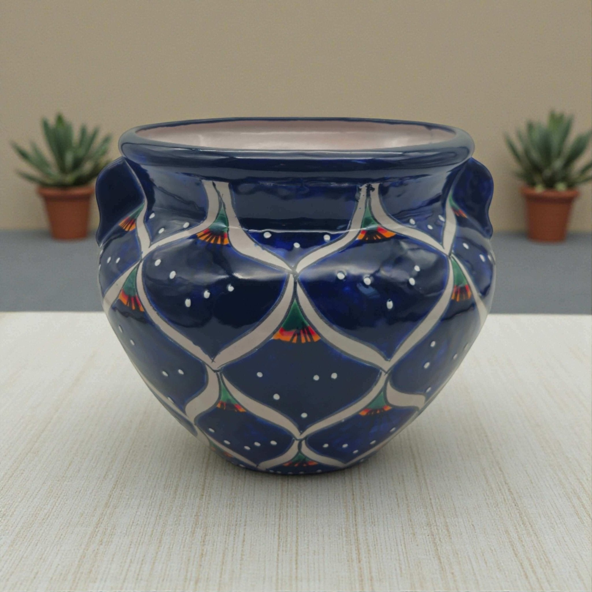 Blue Peacock Talavera Pot | Hand-Painted Mexican Ceramic Talavera Planter La Vie Bien Blue Peacock Talavera Pot | Hand-Painted Mexican Ceramic