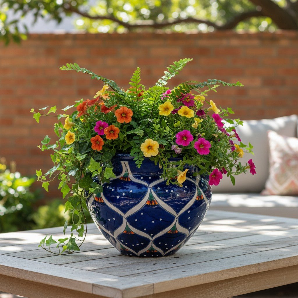 Blue Peacock Talavera Pot | Hand-Painted Mexican Ceramic Talavera Planter La Vie Bien Blue Peacock Talavera Pot | Hand-Painted Mexican Ceramic