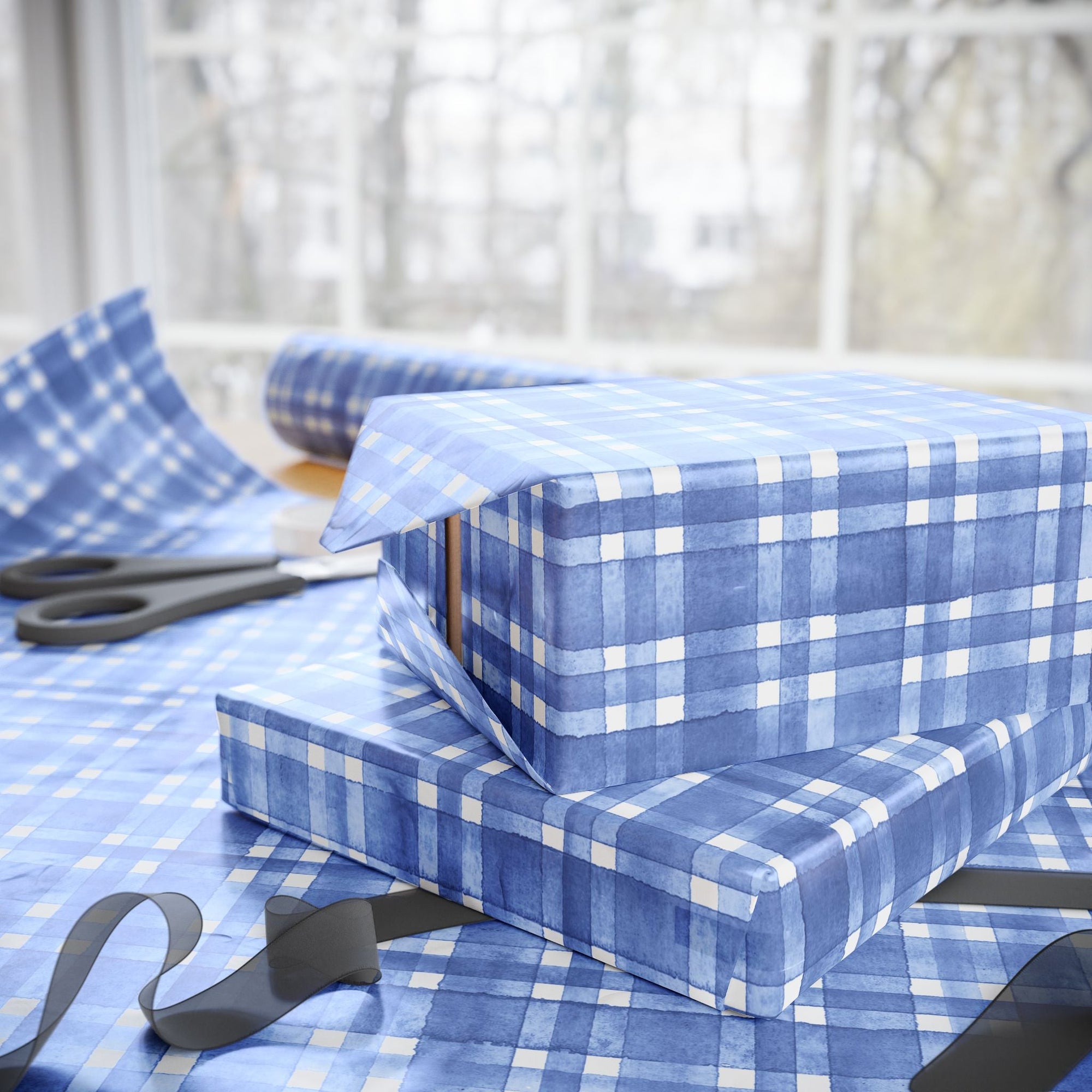 Blue Plaid Wrapping Paper, Gift Wrap for Birthdays, Holidays, Housewarming, Baby Showers, Special Occasions