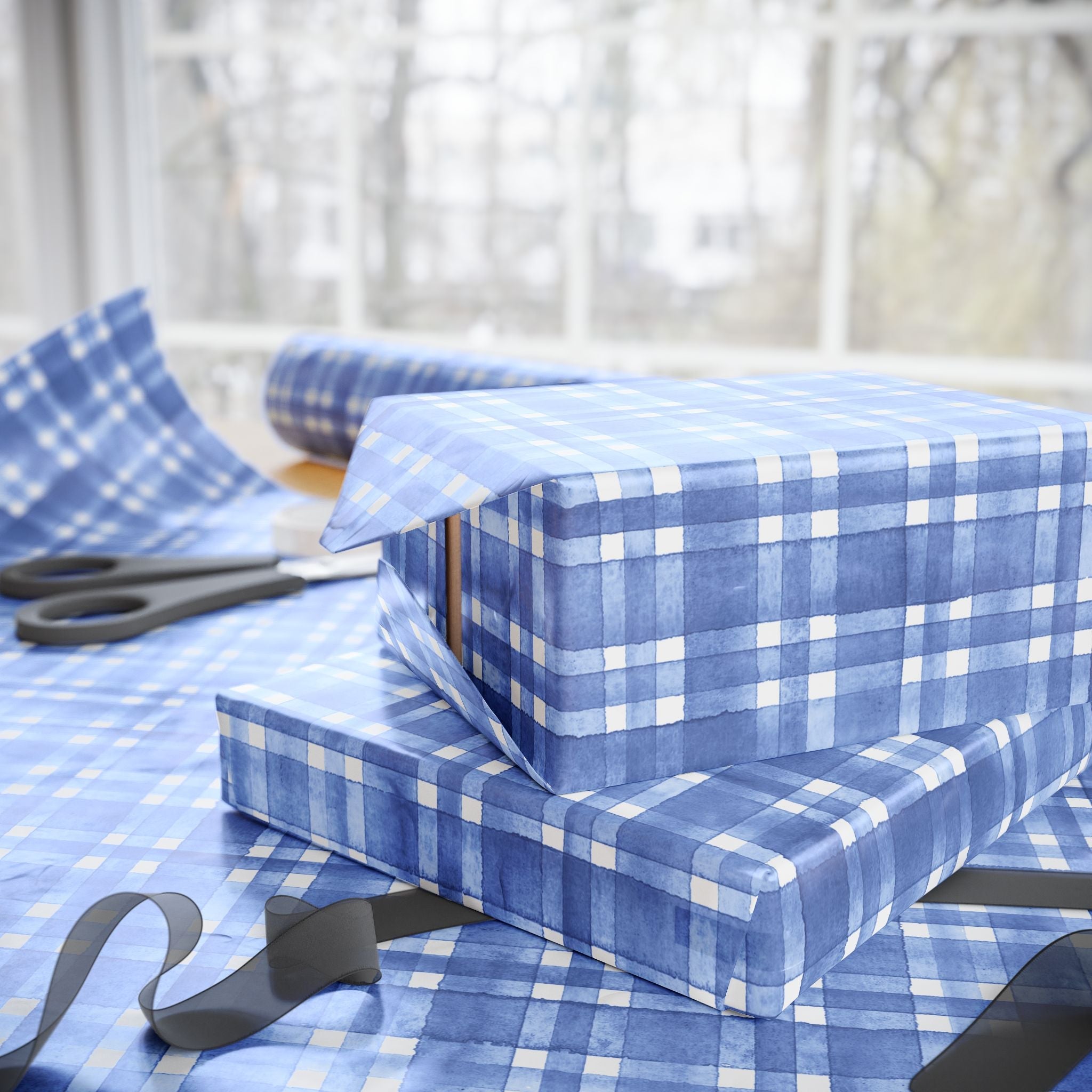 Blue Plaid Wrapping Paper, Gift Wrap for Birthdays, Holidays, Housewarming, Baby Showers, Special Occasions