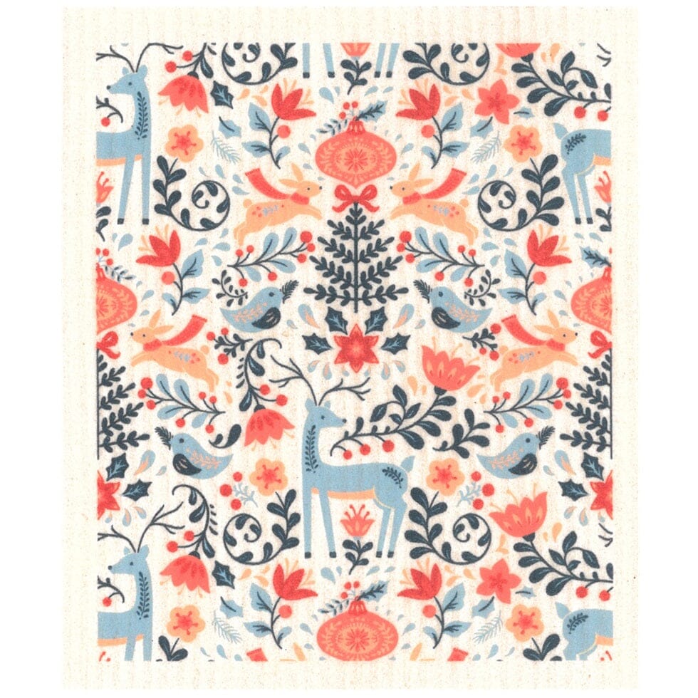 Blue Reindeer in Flowers Swedish dishcloth | Christmas & Winter Swedish Dishcloths La Vie Bien Blue Reindeer in Flowers Swedish dishcloth | Christmas & Winter