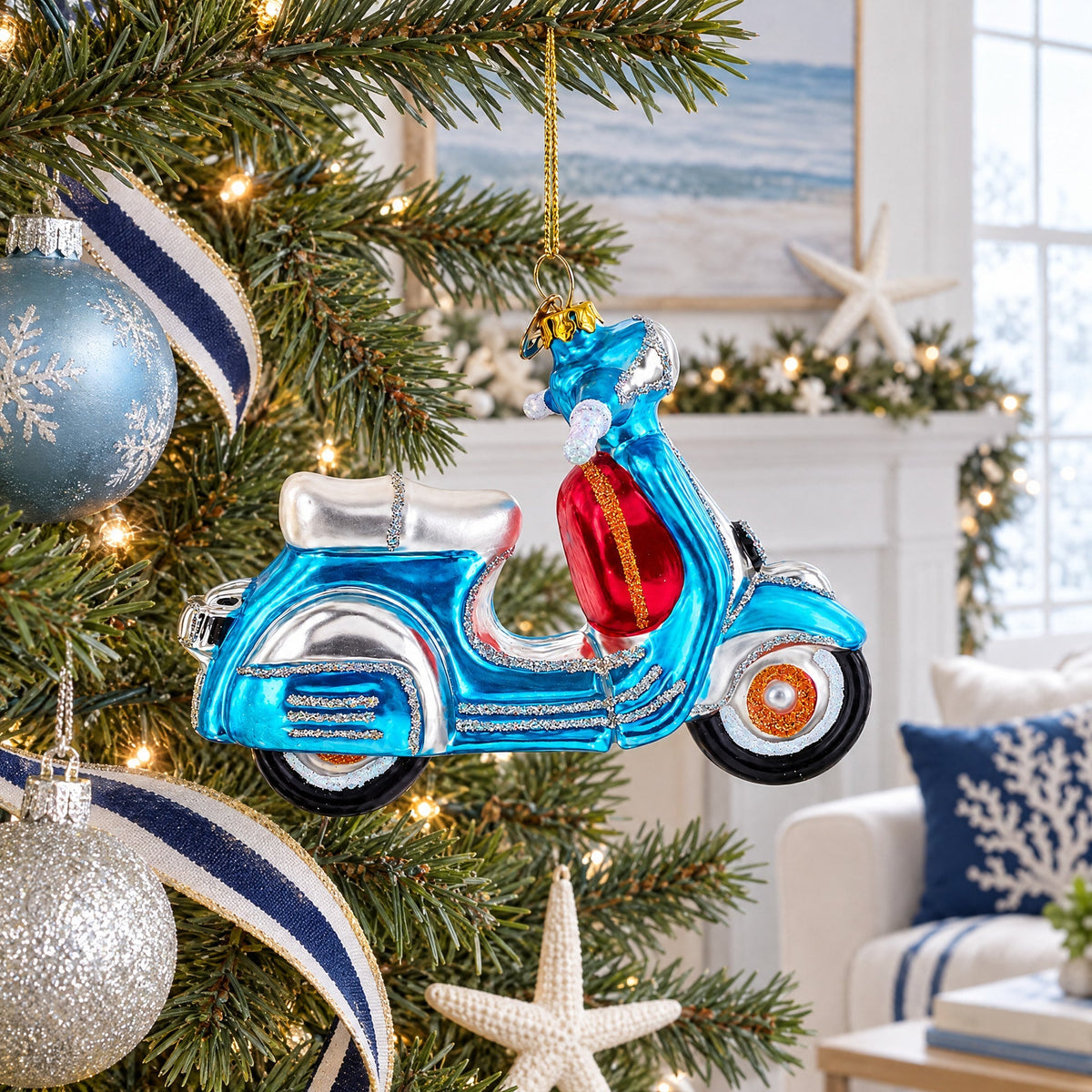 Blue Retro Scooter Glass Christmas Ornament Christmas Ornaments > Transportation La Vie Bien Blue Retro Scooter Glass Christmas Ornament