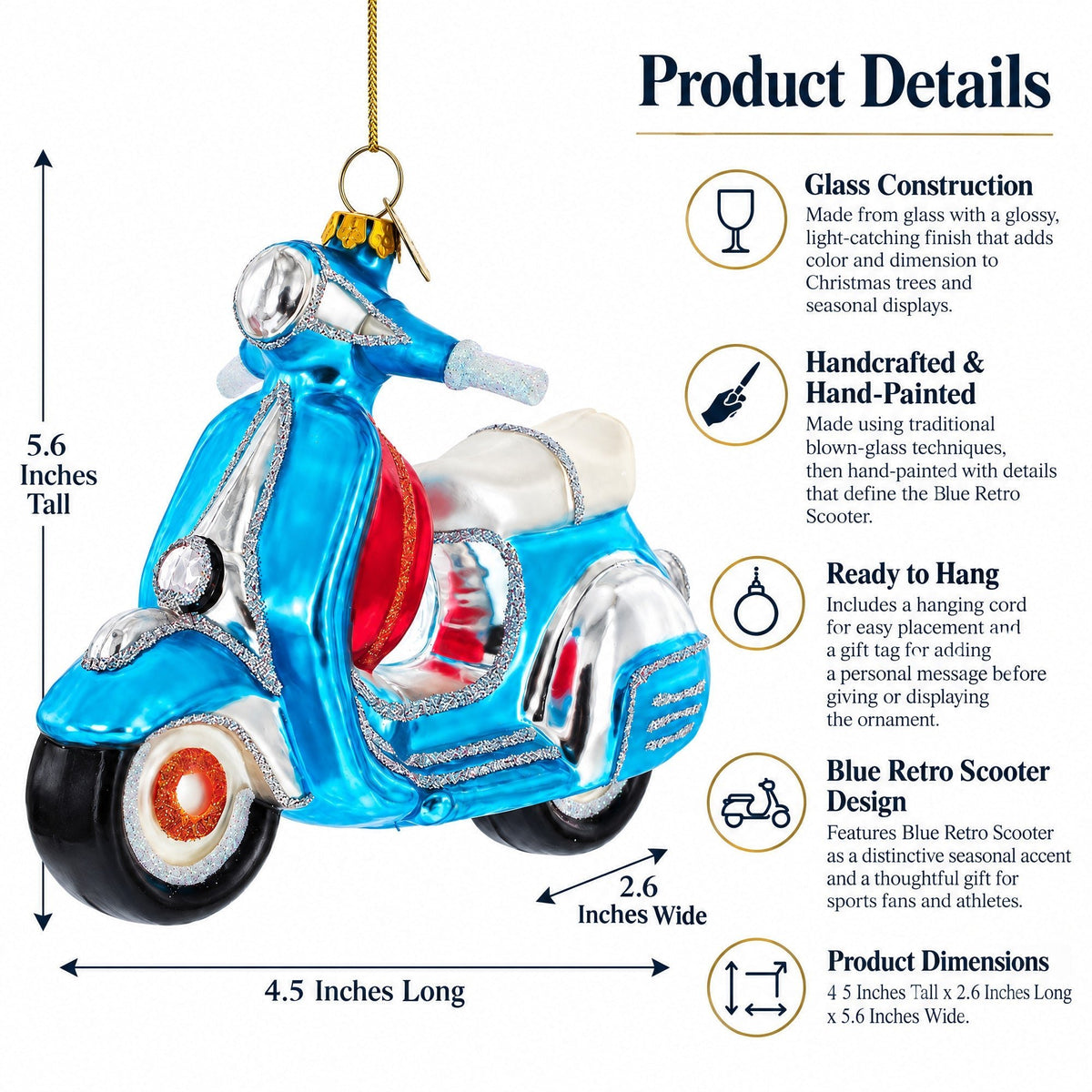 Blue Retro Scooter Glass Christmas Ornament Christmas Ornaments > Transportation La Vie Bien Blue Retro Scooter Glass Christmas Ornament