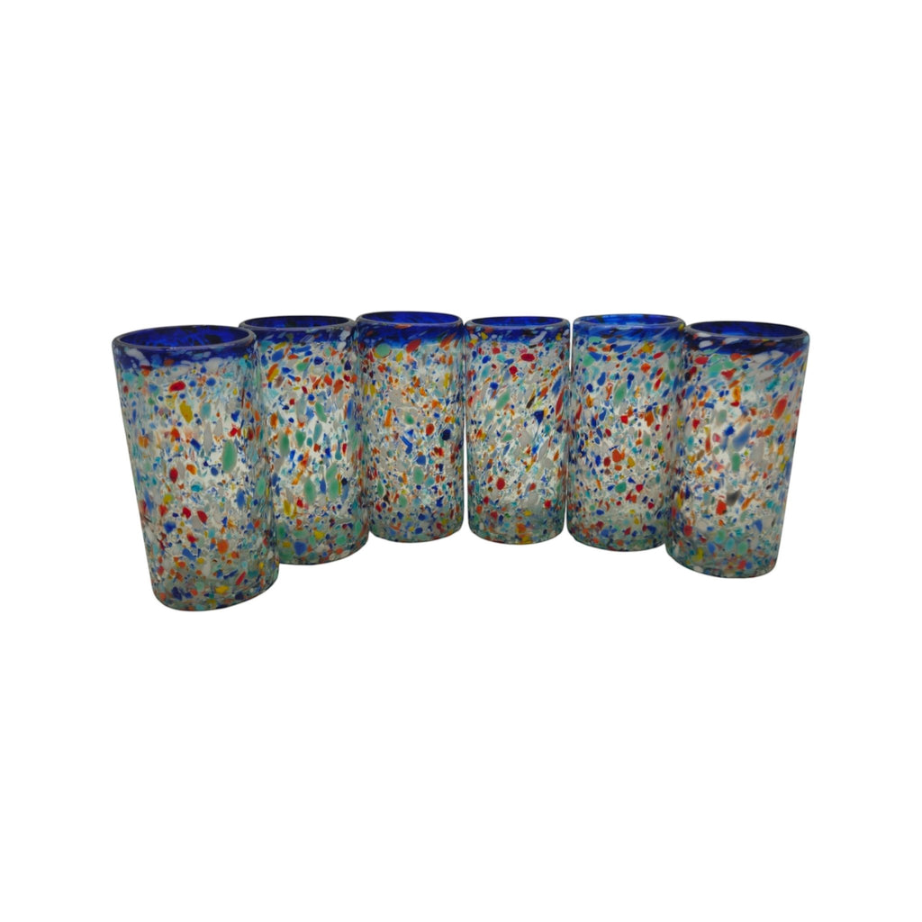 Blue Rim Confetti Pebbled Glass | Hand-Blown Mexican Tumbler Mexican Drinking Glass La Vie Bien Blue Rim Confetti Pebbled Glass | Hand-Blown Mexican Tumbler
