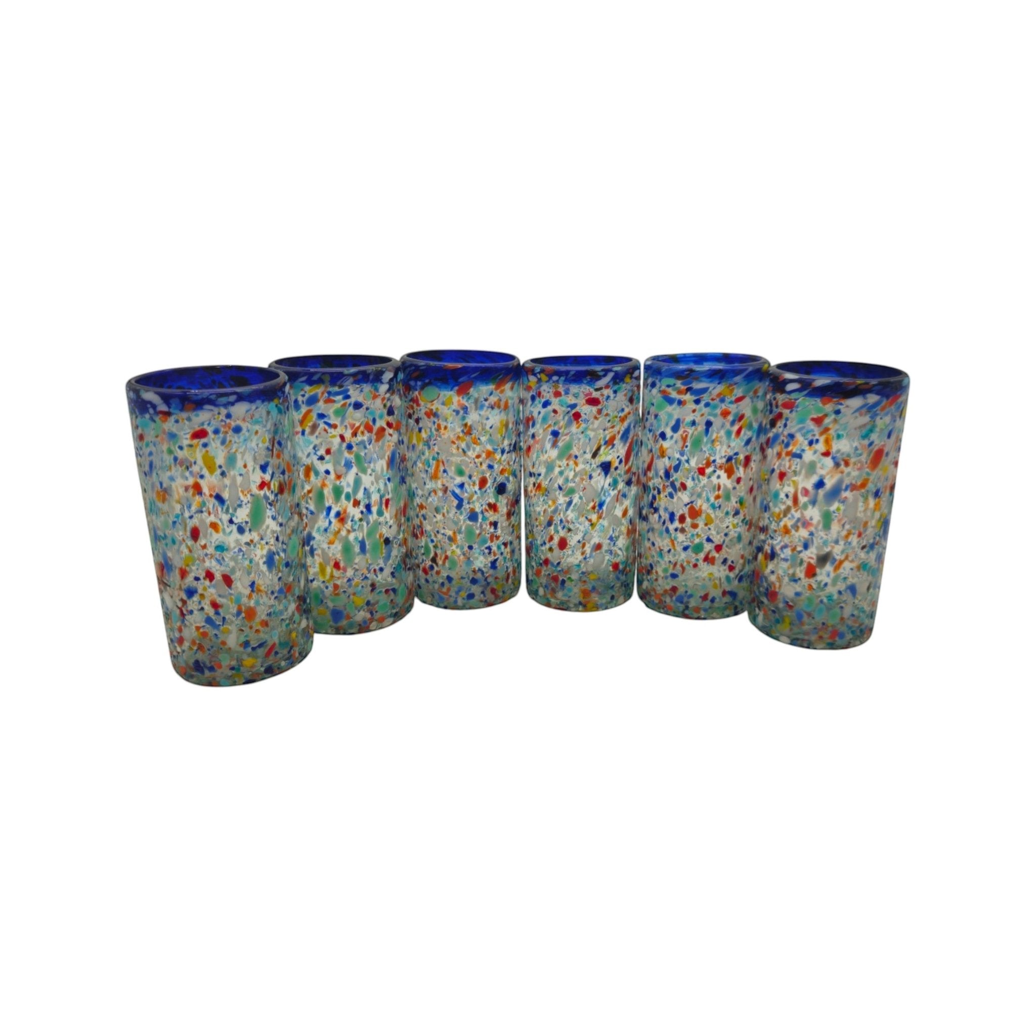 Blue Rim Confetti Pebbled Glass | Hand-Blown Mexican Tumbler Mexican Drinking Glass La Vie Bien Blue Rim Confetti Pebbled Glass | Hand-Blown Mexican Tumbler