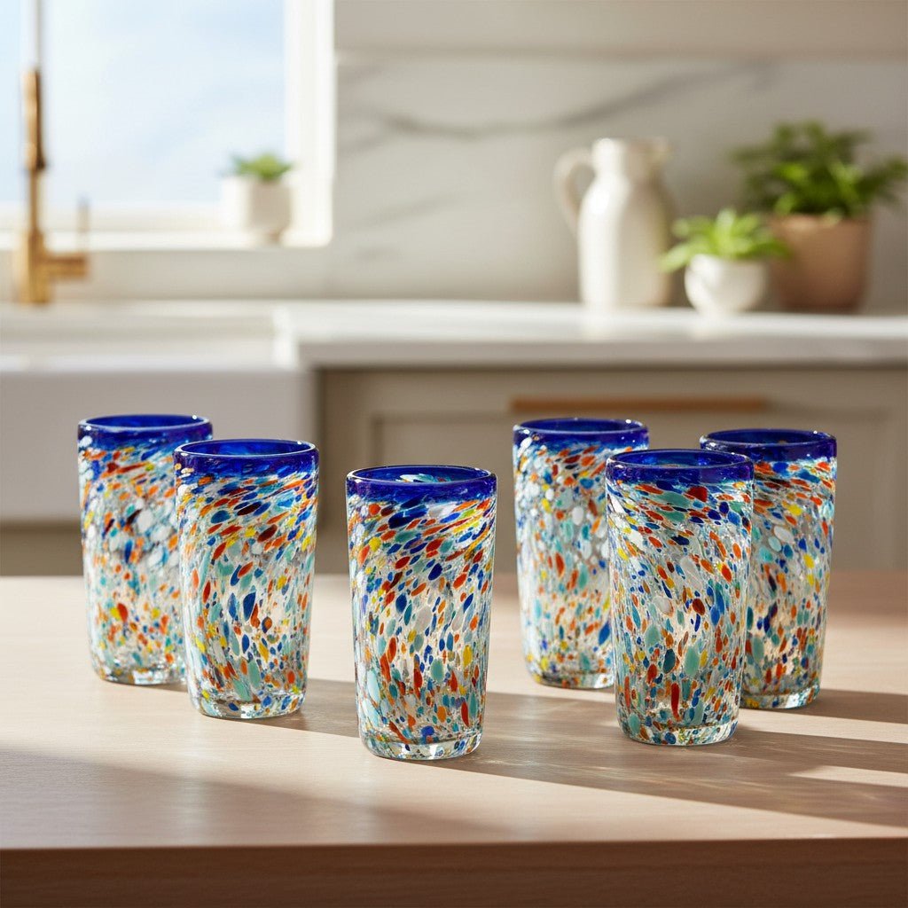 Blue Rim Confetti Pebbled Glass | Hand-Blown Mexican Tumbler Mexican Drinking Glass La Vie Bien Blue Rim Confetti Pebbled Glass | Hand-Blown Mexican Tumbler