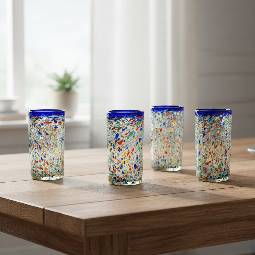 Blue Rim Confetti Pebbled Glass | Hand-Blown Mexican Tumbler Mexican Drinking Glass La Vie Bien Blue Rim Confetti Pebbled Glass | Hand-Blown Mexican Tumbler