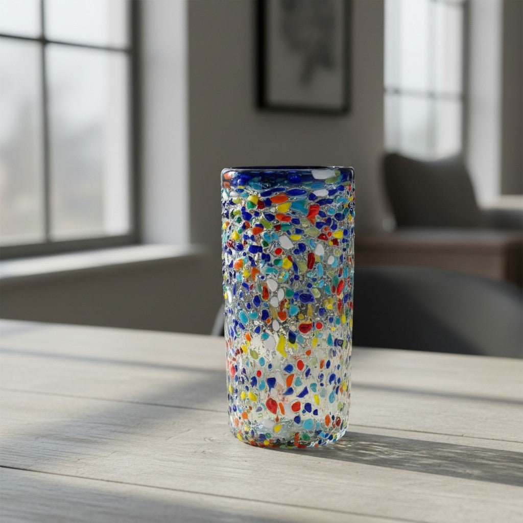Blue Rim Confetti Pebbled Glass | Hand-Blown Mexican Tumbler Mexican Drinking Glass La Vie Bien Blue Rim Confetti Pebbled Glass | Hand-Blown Mexican Tumbler