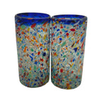 Blue Rim Confetti Pebbled Glass | Hand-Blown Mexican Tumbler Mexican Drinking Glass La Vie Bien Blue Rim Confetti Pebbled Glass | Hand-Blown Mexican Tumbler