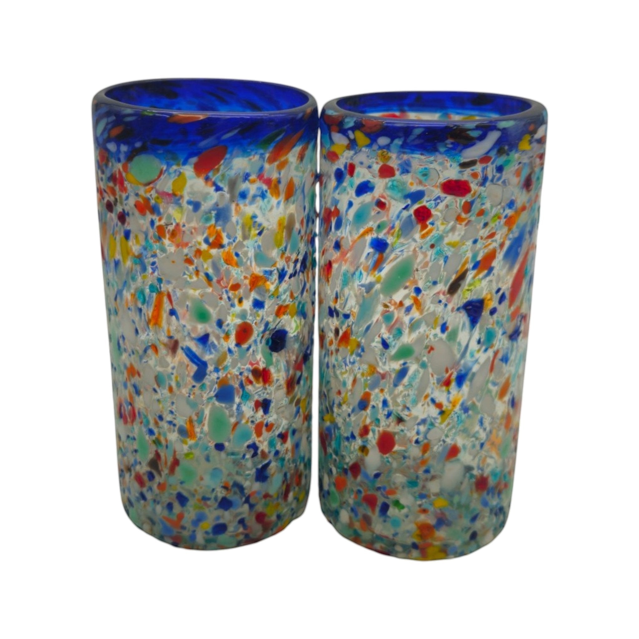 Blue Rim Confetti Pebbled Glass | Hand-Blown Mexican Tumbler Mexican Drinking Glass La Vie Bien Blue Rim Confetti Pebbled Glass | Hand-Blown Mexican Tumbler