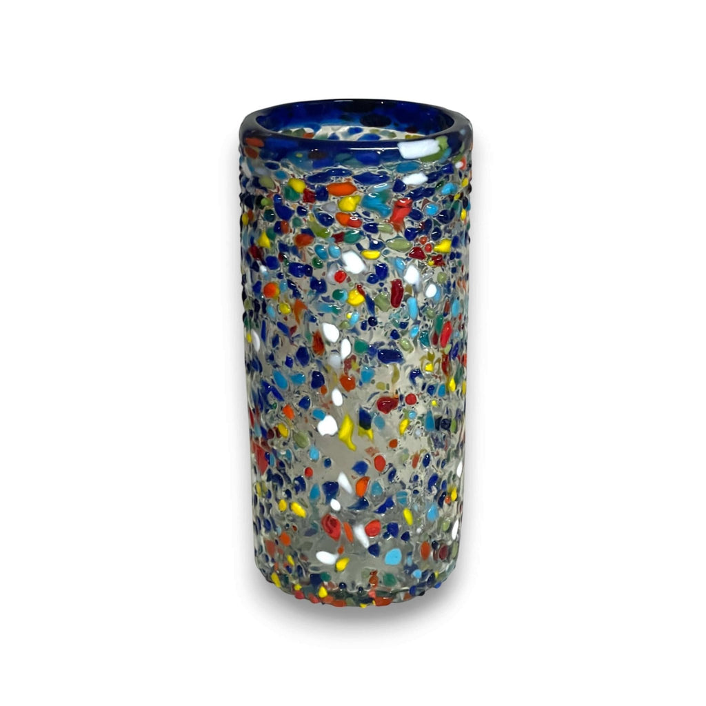Blue Rim Confetti Pebbled Glass | Hand-Blown Mexican Tumbler Mexican Drinking Glass La Vie Bien Blue Rim Confetti Pebbled Glass | Hand-Blown Mexican Tumbler