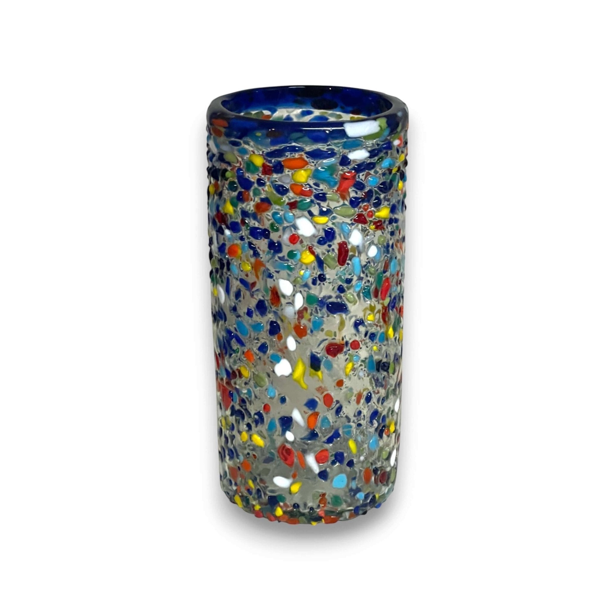 Blue Rim Confetti Pebbled Glass | Hand-Blown Mexican Tumbler Mexican Drinking Glass La Vie Bien Blue Rim Confetti Pebbled Glass | Hand-Blown Mexican Tumbler
