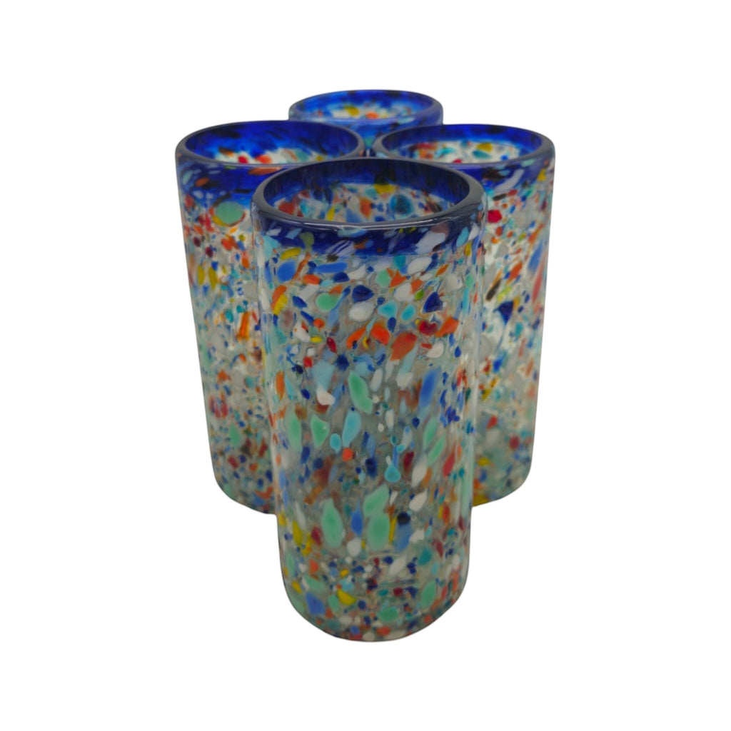 Blue Rim Confetti Pebbled Glass | Hand-Blown Mexican Tumbler Mexican Drinking Glass La Vie Bien Blue Rim Confetti Pebbled Glass | Hand-Blown Mexican Tumbler