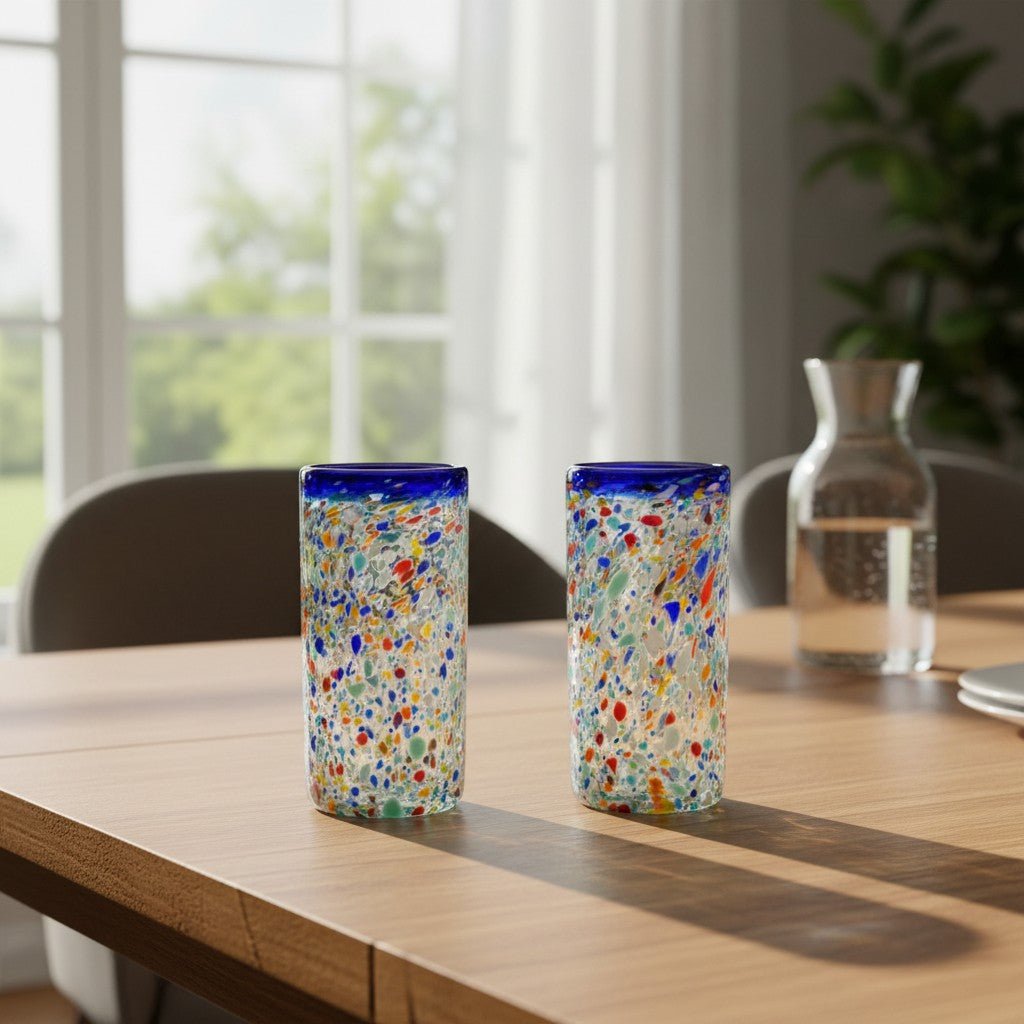 Blue Rim Confetti Pebbled Glass | Hand-Blown Mexican Tumbler Mexican Drinking Glass La Vie Bien Blue Rim Confetti Pebbled Glass | Hand-Blown Mexican Tumbler