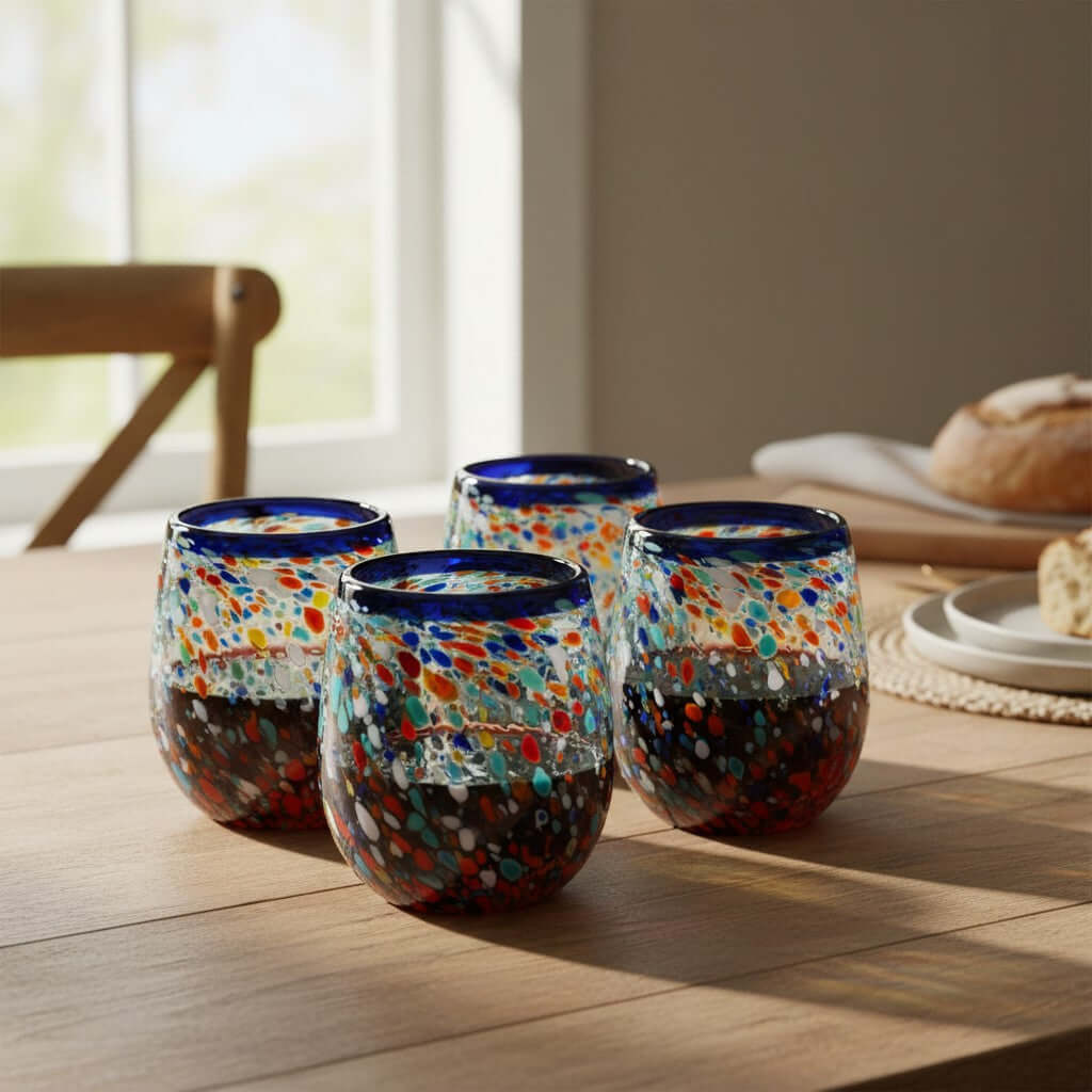 Blue Rim Confetti Wine Glass | Hand-Blown Mexican Stemless Cup Mexican Stemless Wine Glass La Vie Bien Blue Rim Confetti Wine Glass | Hand-Blown Mexican Stemless Cup