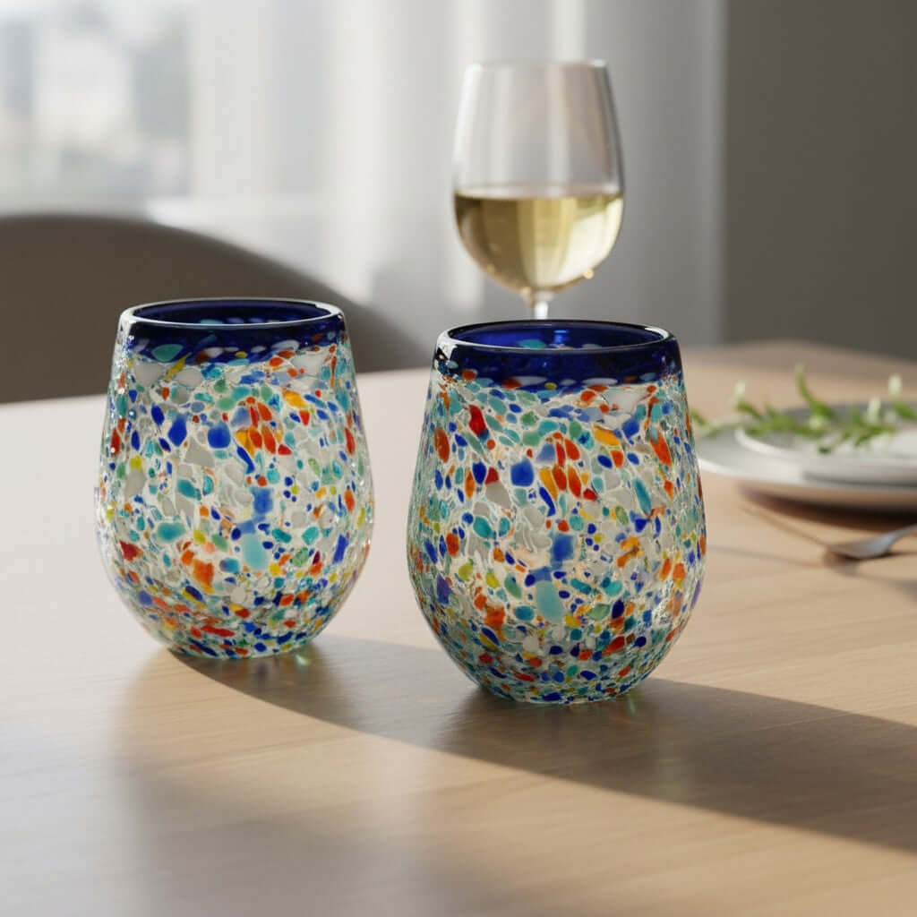 Blue Rim Confetti Wine Glass | Hand-Blown Mexican Stemless Cup Mexican Stemless Wine Glass La Vie Bien Blue Rim Confetti Wine Glass | Hand-Blown Mexican Stemless Cup