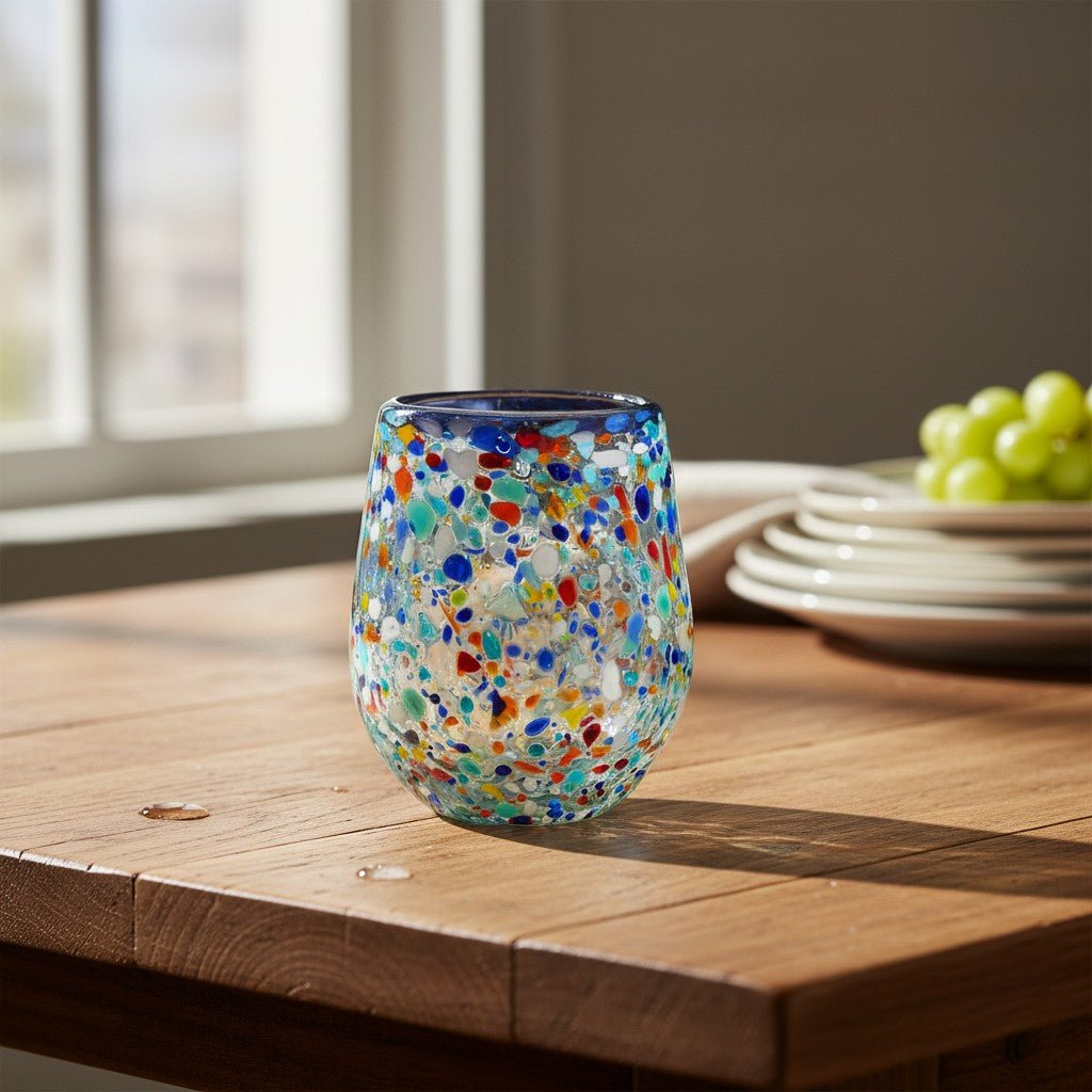 Blue Rim Confetti Wine Glass | Hand-Blown Mexican Stemless Cup Mexican Wine Glass La Vie Bien Blue Rim Confetti Wine Glass | Hand-Blown Mexican Stemless Cup