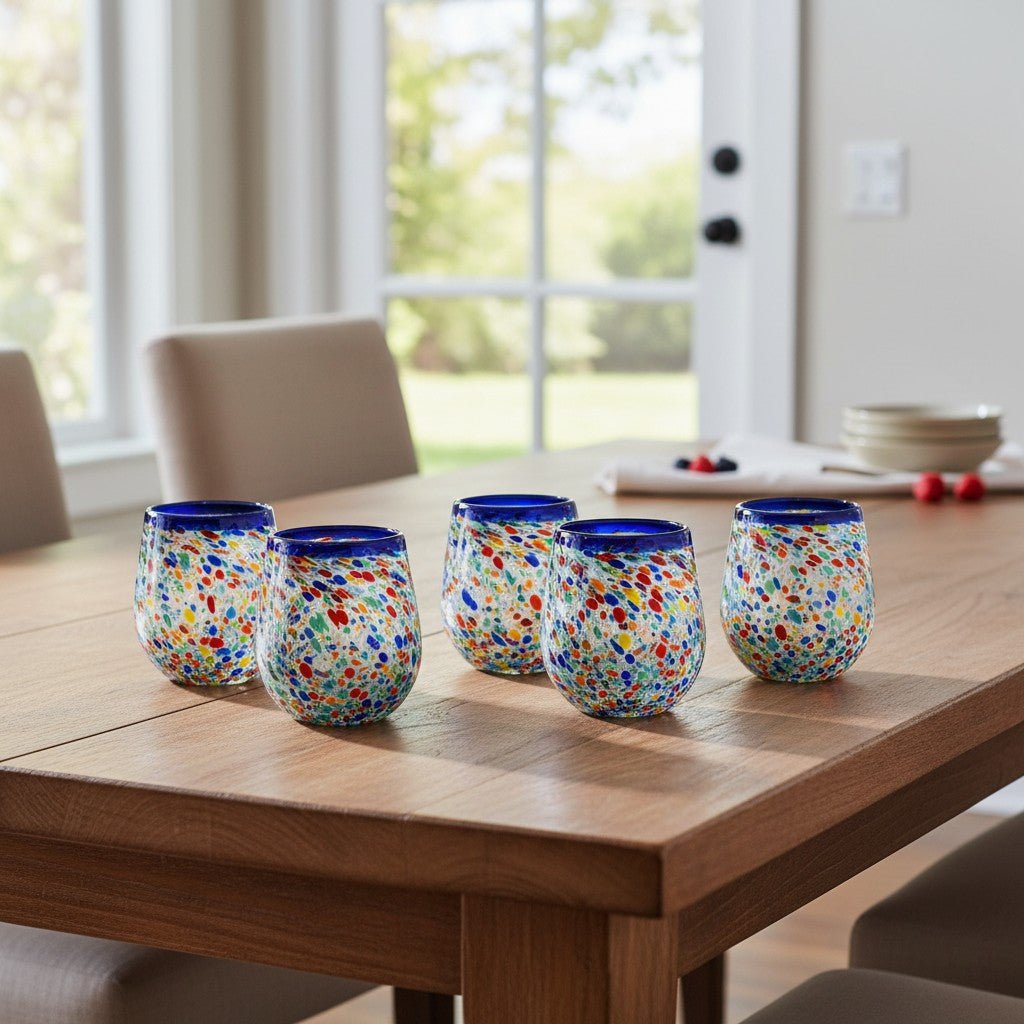 Blue Rim Confetti Wine Glass | Hand-Blown Mexican Stemless Cup Mexican Wine Glass La Vie Bien Blue Rim Confetti Wine Glass | Hand-Blown Mexican Stemless Cup