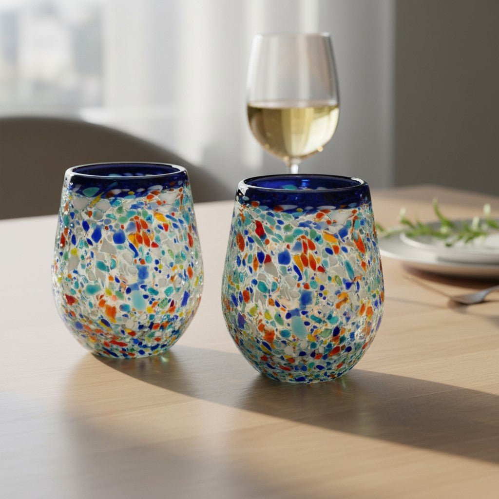 Blue Rim Confetti Wine Glass | Hand-Blown Mexican Stemless Cup Mexican Wine Glass La Vie Bien Blue Rim Confetti Wine Glass | Hand-Blown Mexican Stemless Cup