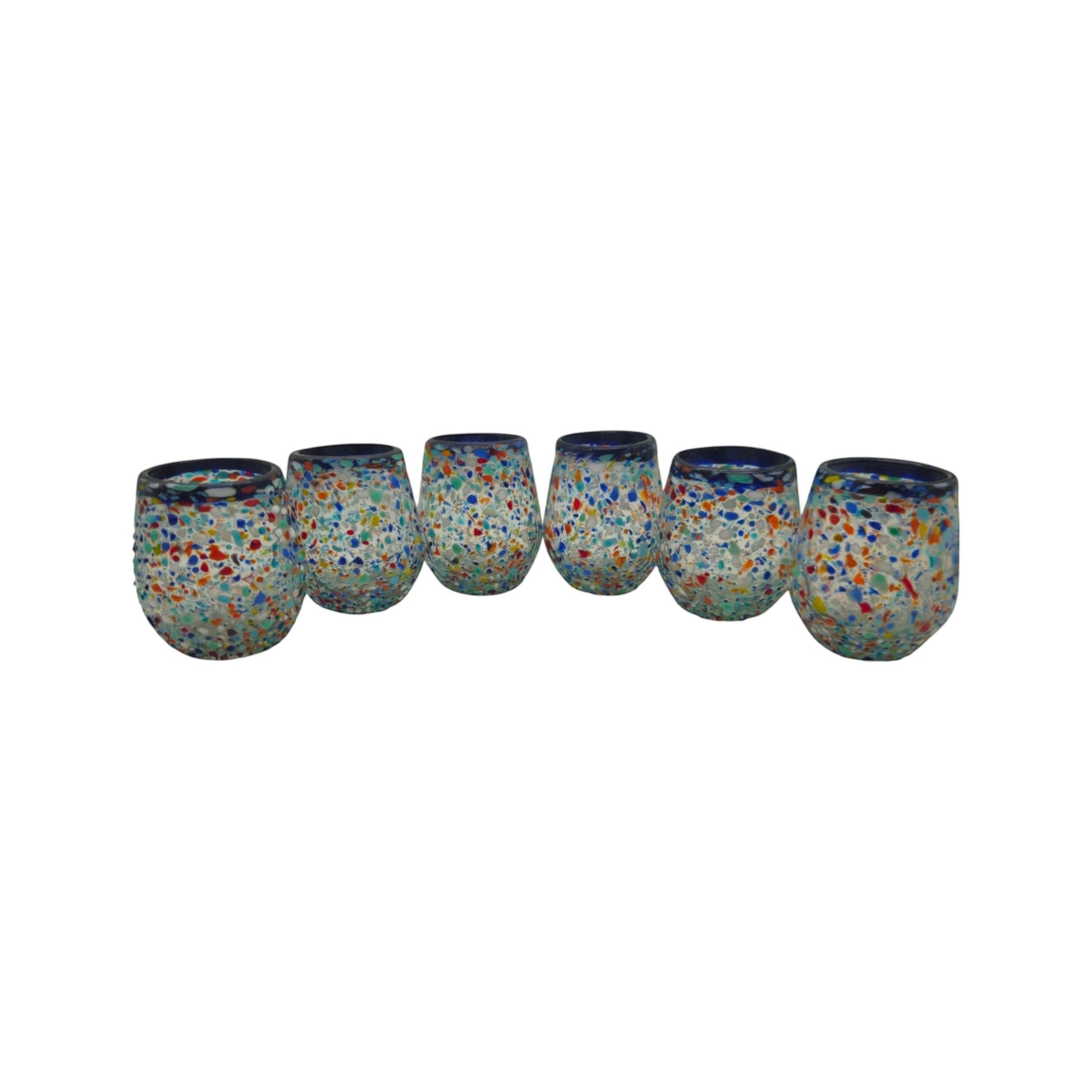 Blue Rim Confetti Wine Glass | Hand-Blown Mexican Stemless Cup Mexican Wine Glass La Vie Bien Blue Rim Confetti Wine Glass | Hand-Blown Mexican Stemless Cup
