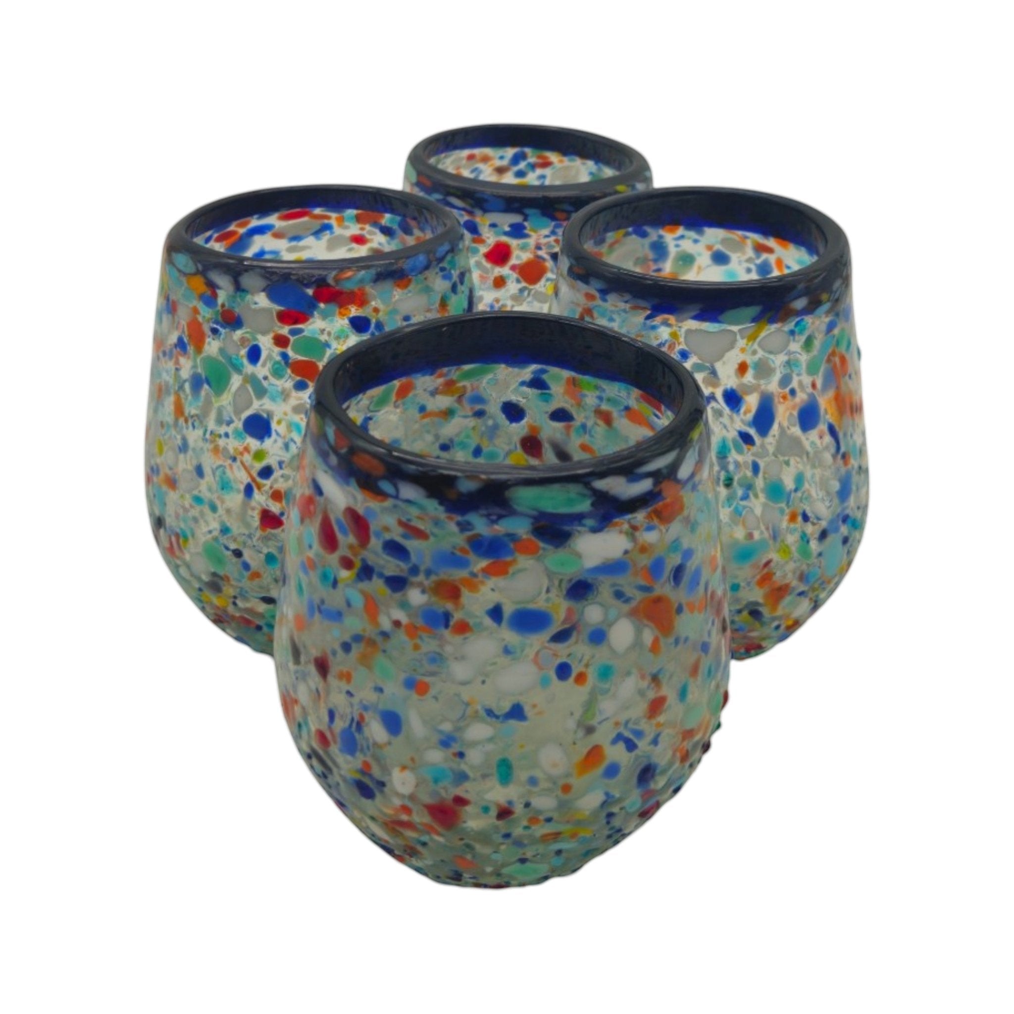 Blue Rim Confetti Wine Glass | Hand-Blown Mexican Stemless Cup Mexican Wine Glass La Vie Bien Blue Rim Confetti Wine Glass | Hand-Blown Mexican Stemless Cup
