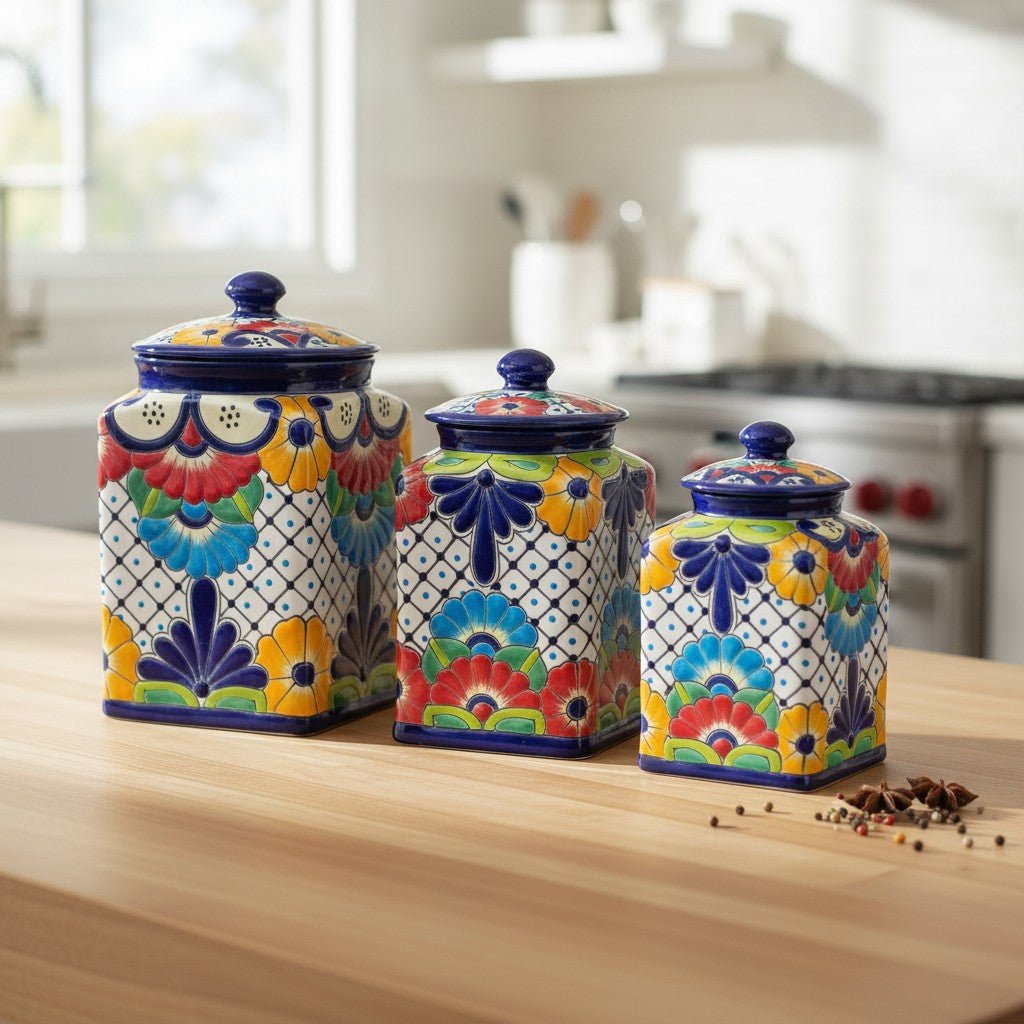 Blue Rim Talavera Canister Set | Multicolor Mexican Pottery Jars Talavera Canister Set La Vie Bien Blue Rim Talavera Canister Set | Multicolor Mexican Pottery Jars