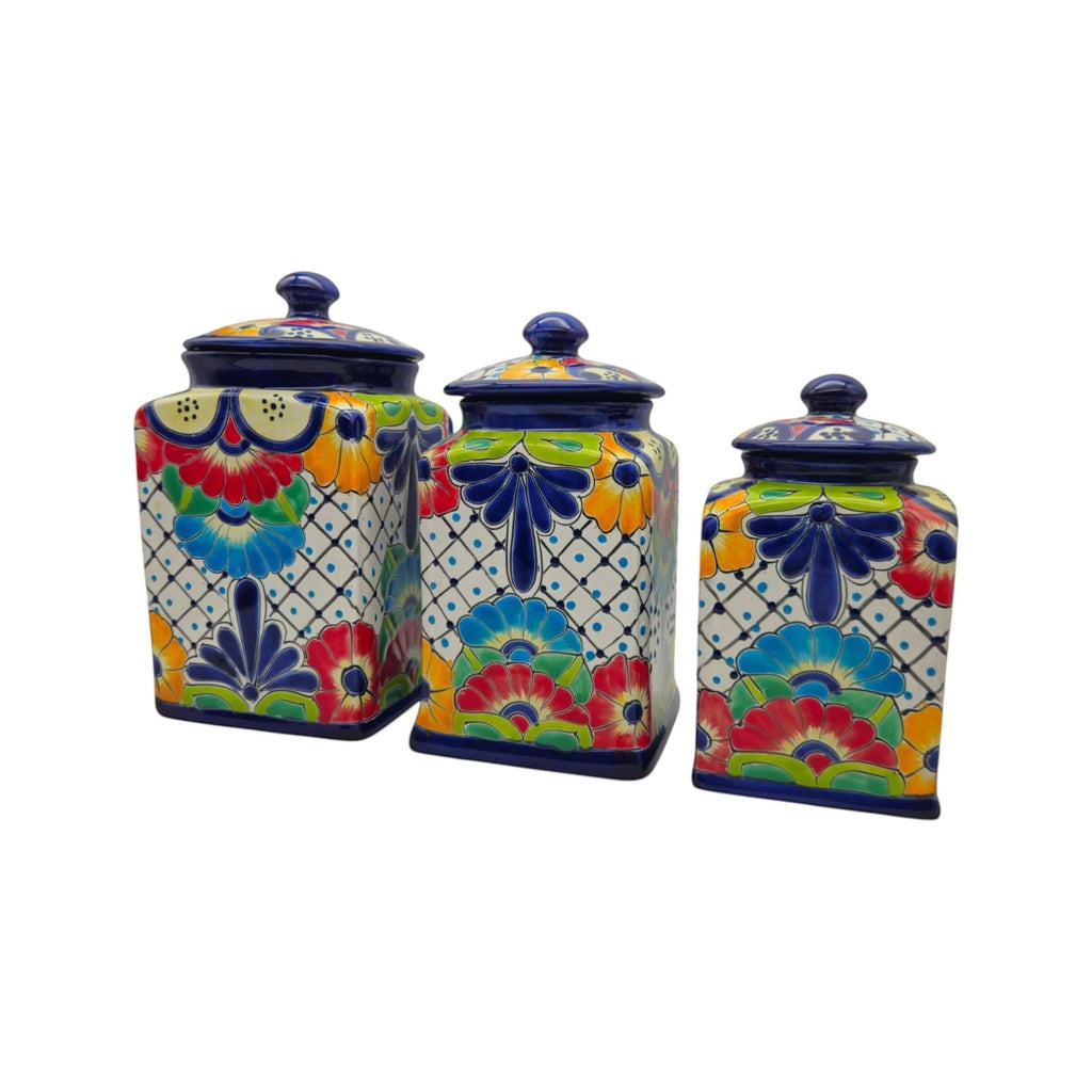 Blue Rim Talavera Canister Set | Multicolor Mexican Pottery Jars Talavera Canister Set La Vie Bien Blue Rim Talavera Canister Set | Multicolor Mexican Pottery Jars