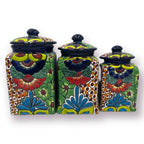 Blue Rim Talavera Canister Set | Multicolor Mexican Pottery Jars Talavera Canister Set La Vie Bien Blue Rim Talavera Canister Set | Multicolor Mexican Pottery Jars