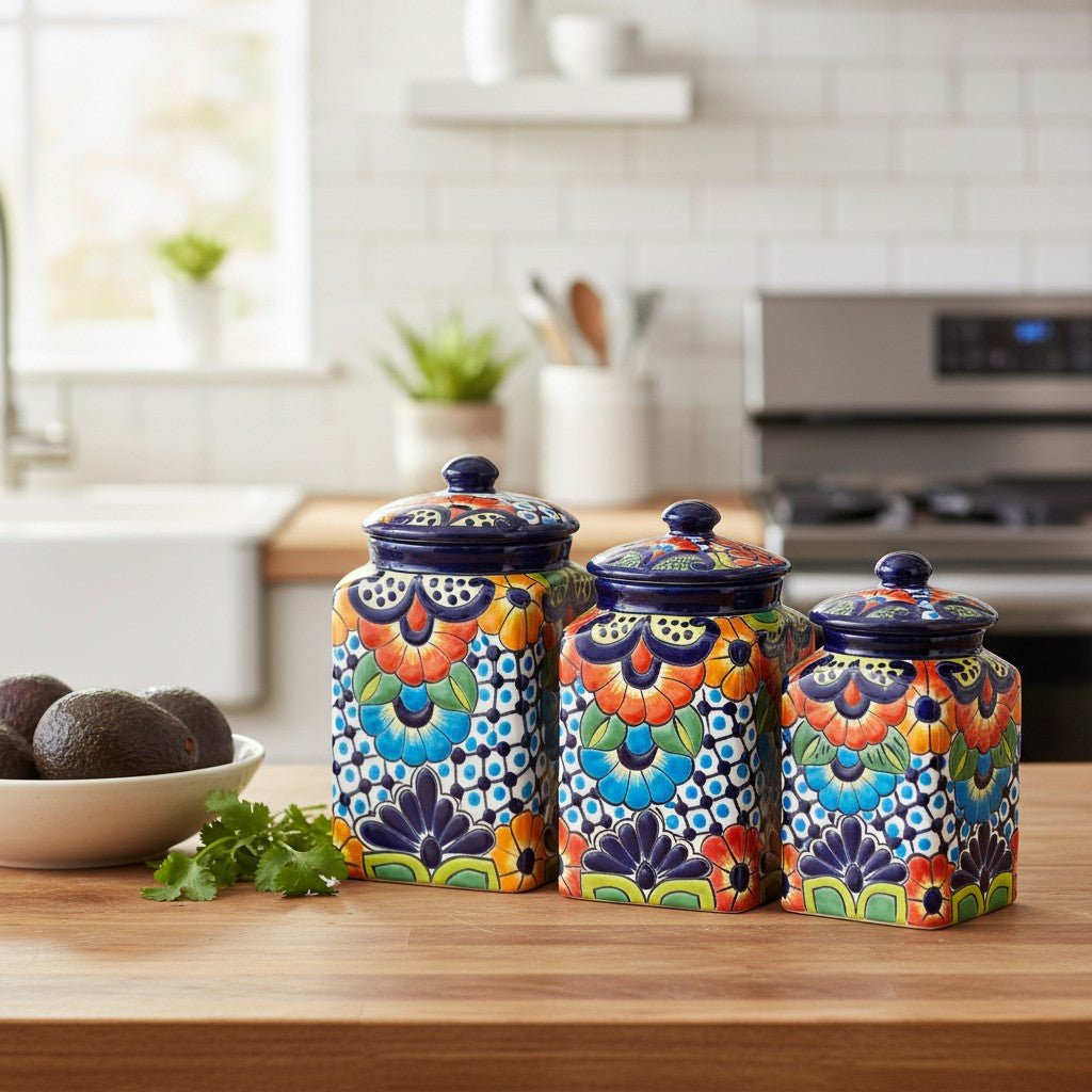 Blue Rim Talavera Canister Set | Multicolor Mexican Pottery Jars Talavera Canister Set La Vie Bien Blue Rim Talavera Canister Set | Multicolor Mexican Pottery Jars