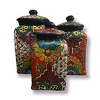 Blue Rim Talavera Canister Set | Multicolor Mexican Pottery Jars Talavera Canister Set La Vie Bien Blue Rim Talavera Canister Set | Multicolor Mexican Pottery Jars
