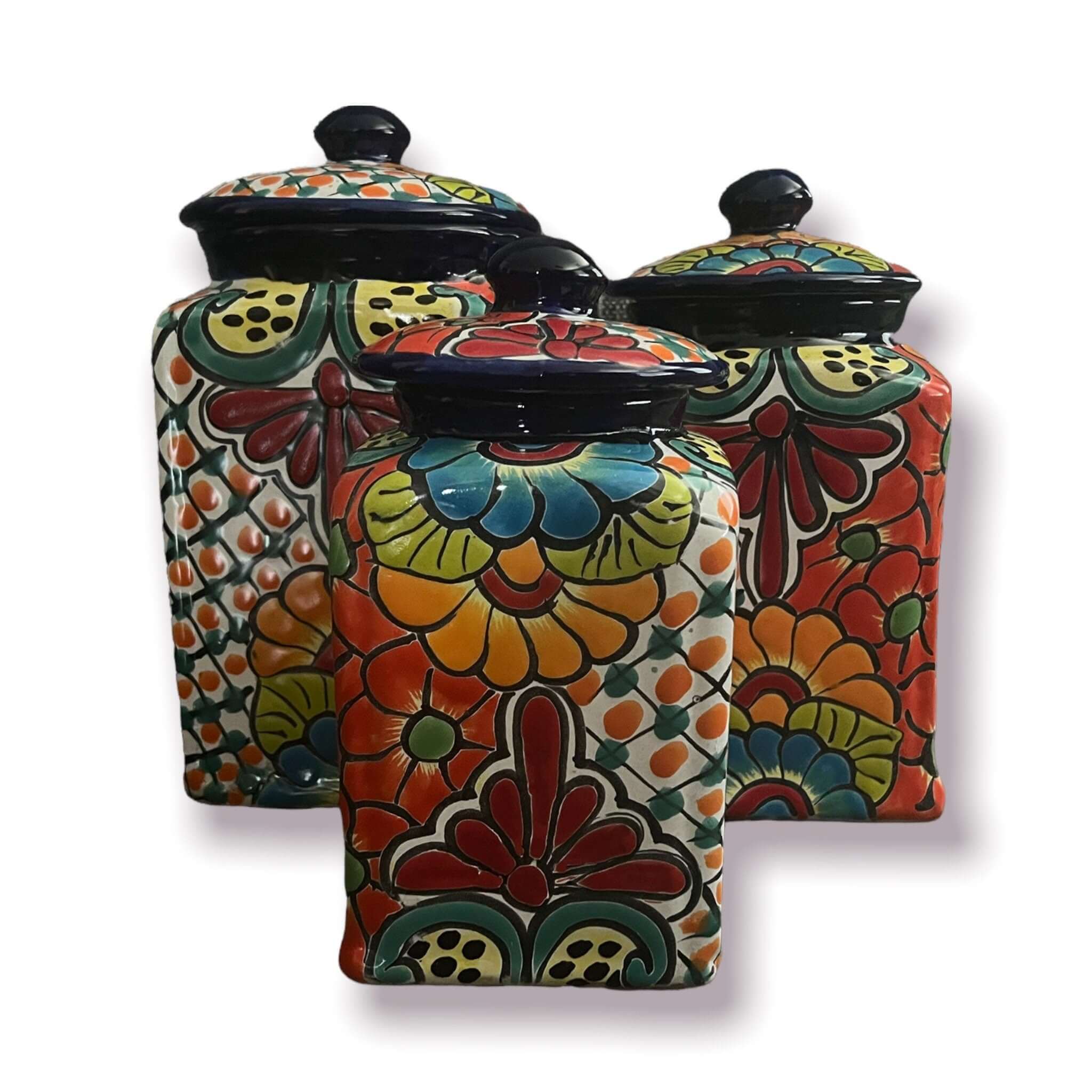 Blue Rim Talavera Canister Set | Multicolor Mexican Pottery Jars Talavera Canister Set La Vie Bien Blue Rim Talavera Canister Set | Multicolor Mexican Pottery Jars