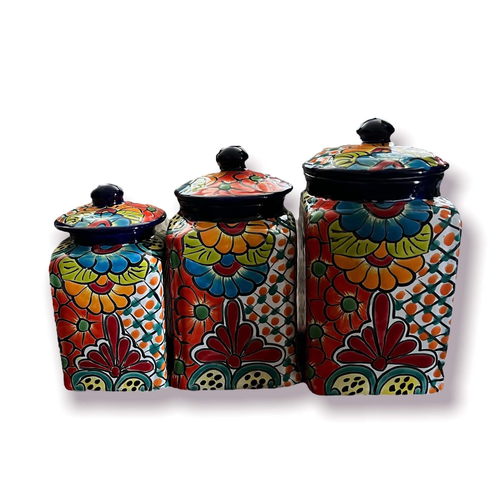 Blue Rim Talavera Canister Set | Multicolor Mexican Pottery Jars Talavera Canister Set La Vie Bien Blue Rim Talavera Canister Set | Multicolor Mexican Pottery Jars