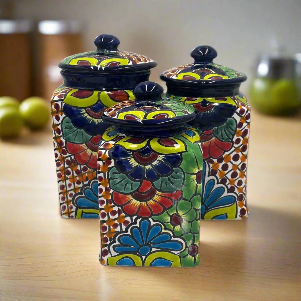 Blue Rim Talavera Canister Set | Multicolor Mexican Pottery Jars Talavera Canister Set La Vie Bien Blue Rim Talavera Canister Set | Multicolor Mexican Pottery Jars