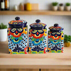 Blue Rim Talavera Canister Set | Multicolor Mexican Pottery Jars Talavera Canister Set La Vie Bien Blue Rim Talavera Canister Set | Multicolor Mexican Pottery Jars