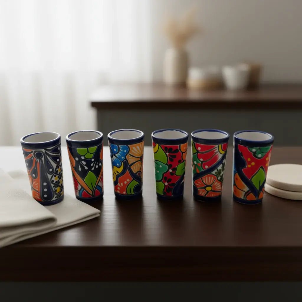 Blue Rim Talavera Shot Glass | Hand - Painted Mexican Drinkware Mexican Shot Glass La Vie Bien Blue Rim Talavera Shot Glass | Hand - Painted Mexican Drinkware