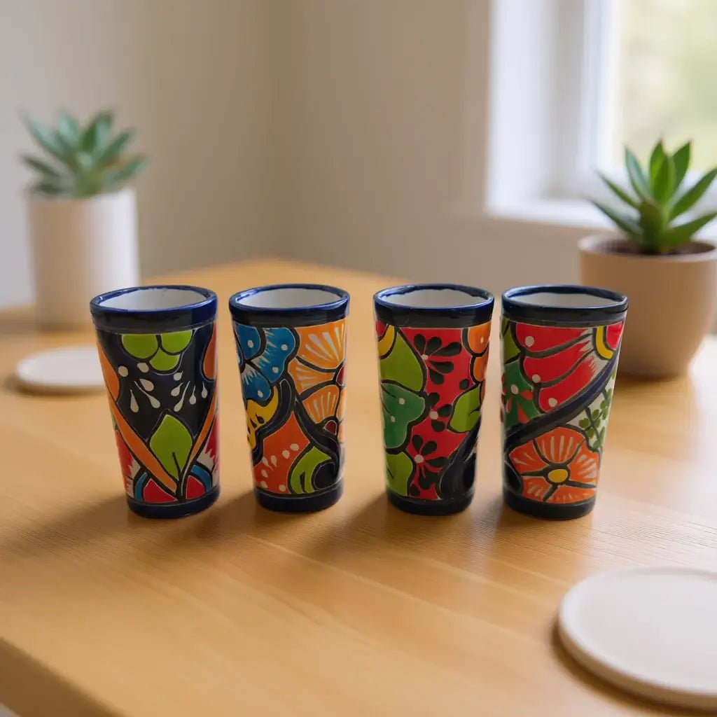 Blue Rim Talavera Shot Glass | Hand - Painted Mexican Drinkware Mexican Shot Glass La Vie Bien Blue Rim Talavera Shot Glass | Hand - Painted Mexican Drinkware