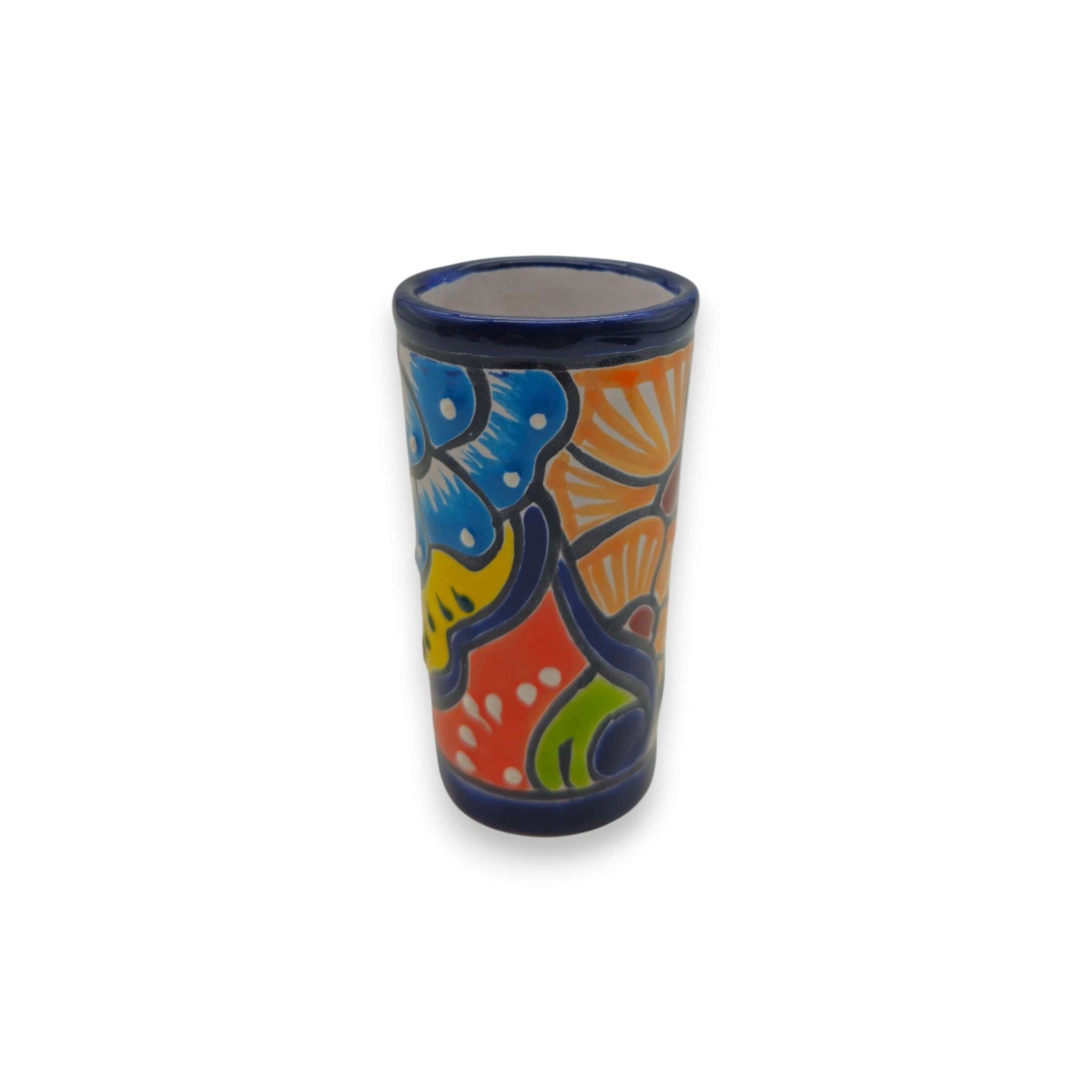 Blue Rim Talavera Shot Glass | Hand-Painted Mexican Drinkware Mexican Shot Glass La Vie Bien Blue Rim Talavera Shot Glass | Hand-Painted Mexican Drinkware
