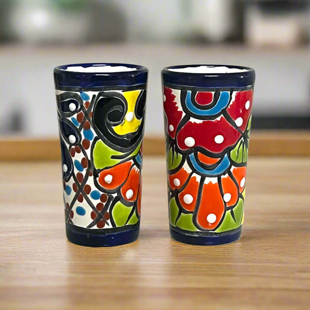 Blue Rim Talavera Shot Glass | Hand - Painted Mexican Drinkware Mexican Shot Glass La Vie Bien Blue Rim Talavera Shot Glass | Hand - Painted Mexican Drinkware