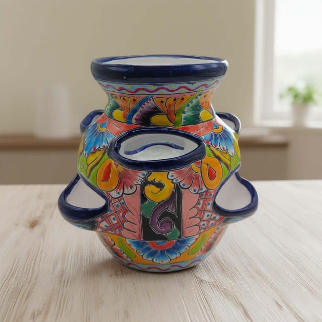Blue Rim Talavera Strawberry Pot | Hand-Painted Mexican Planter Strawberry Planter La Vie Bien Blue Rim Talavera Strawberry Pot | Hand-Painted Mexican Planter