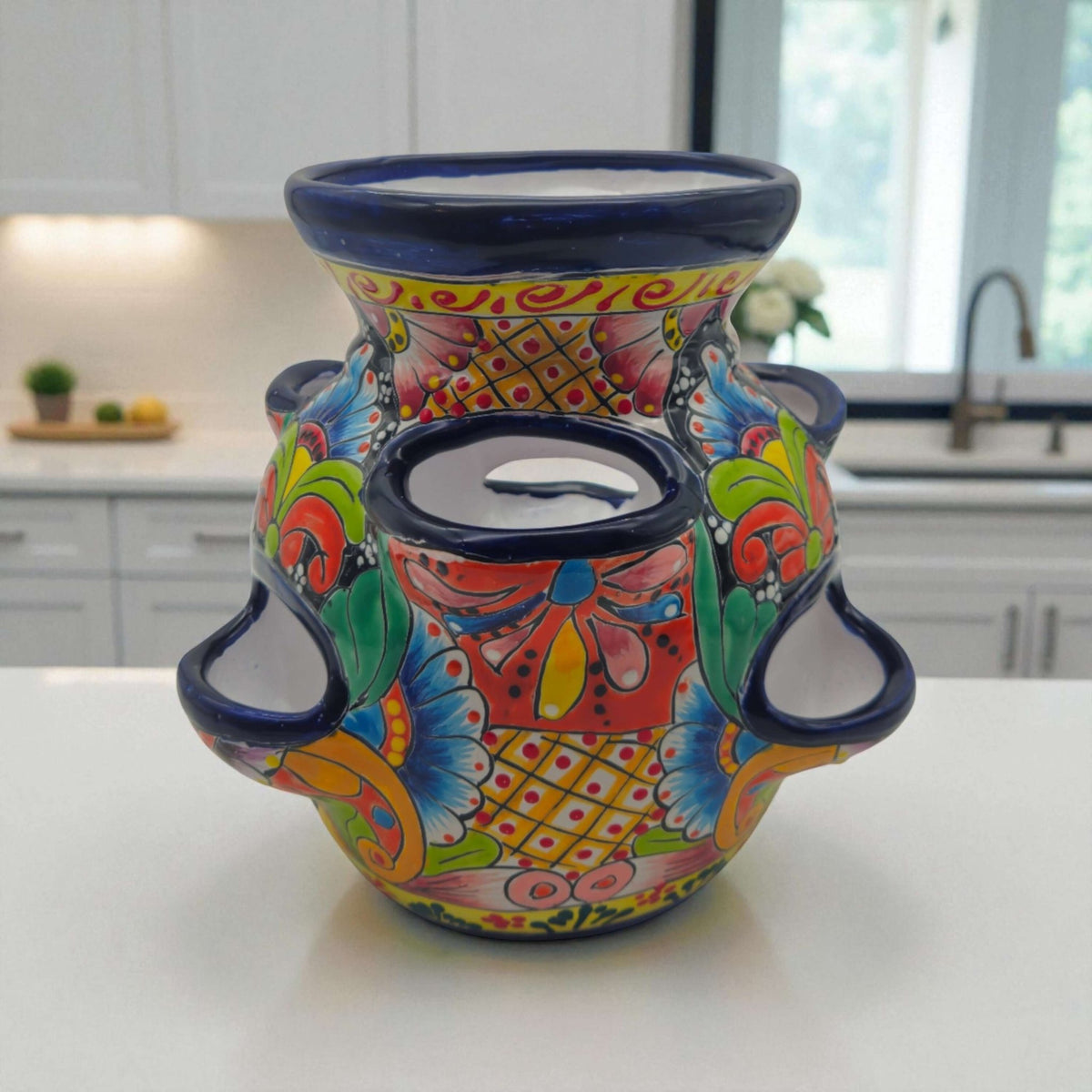 Blue Rim Talavera Strawberry Pot | Hand-Painted Mexican Planter Strawberry Planter La Vie Bien Blue Rim Talavera Strawberry Pot | Hand-Painted Mexican Planter