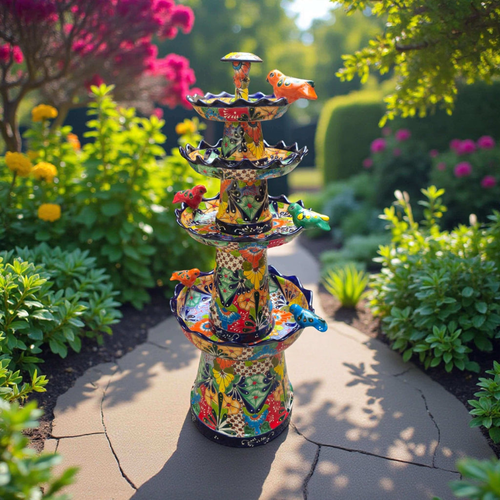 Blue Rim Tiered Talavera Fountain | Handcrafted Mexican Art Talavera Fountain La Vie Bien Blue Rim Tiered Talavera Fountain | Handcrafted Mexican Art