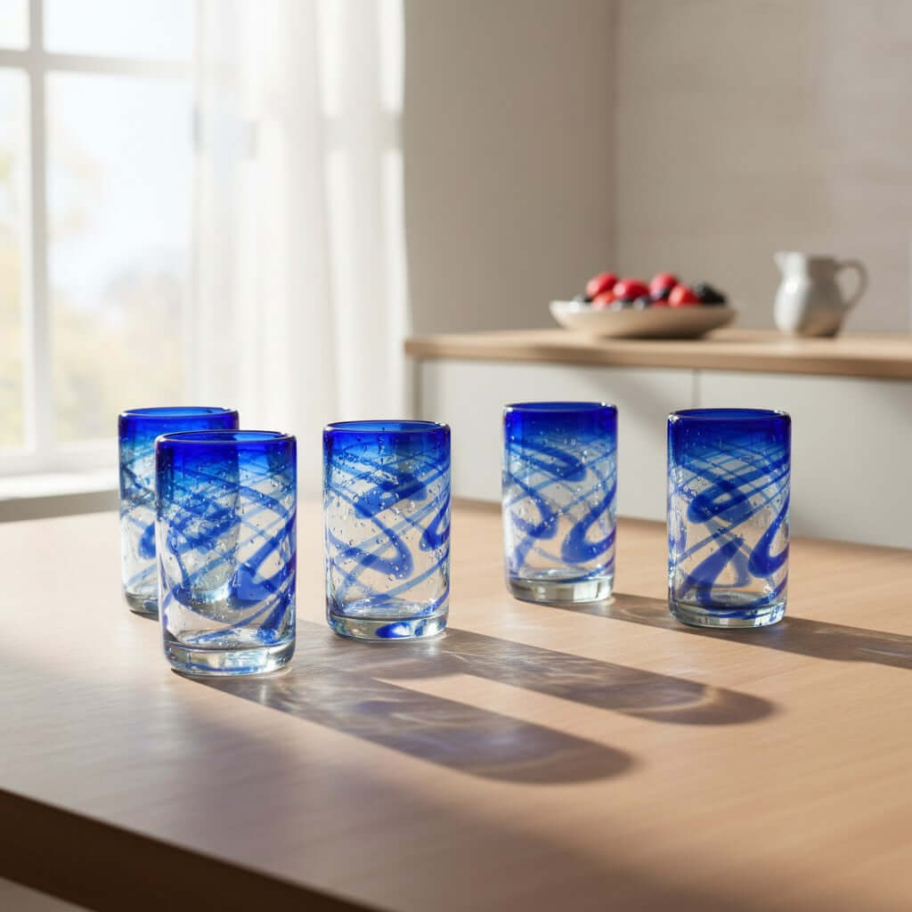 Blue Swirl Hand-Blown Glass | Mexican Drinking Tumbler Mexican Drinking Glass La Vie Bien Blue Swirl Hand-Blown Glass | Mexican Drinking Tumbler