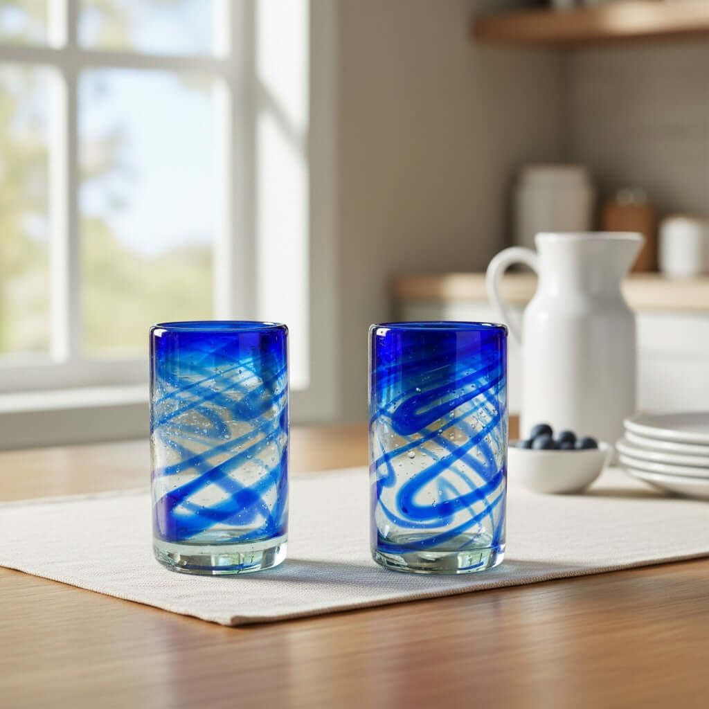 Blue Swirl Hand-Blown Glass | Mexican Drinking Tumbler Mexican Drinking Glass La Vie Bien Blue Swirl Hand-Blown Glass | Mexican Drinking Tumbler