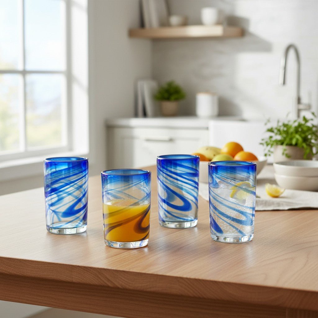 Blue Swirl Hand-Blown Glass | Mexican Drinking Tumbler Mexican Drinking Glass La Vie Bien Blue Swirl Hand-Blown Glass | Mexican Drinking Tumbler